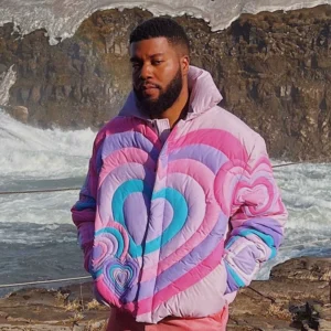 Star's same style ins color matching peach heart pressure line heavy craft down heart-shaped fluffy men and women Outwear