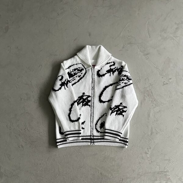 Evil Full Print Cardigan Jacquard Sweater-White